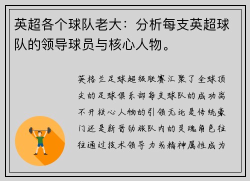 英超各个球队老大：分析每支英超球队的领导球员与核心人物。